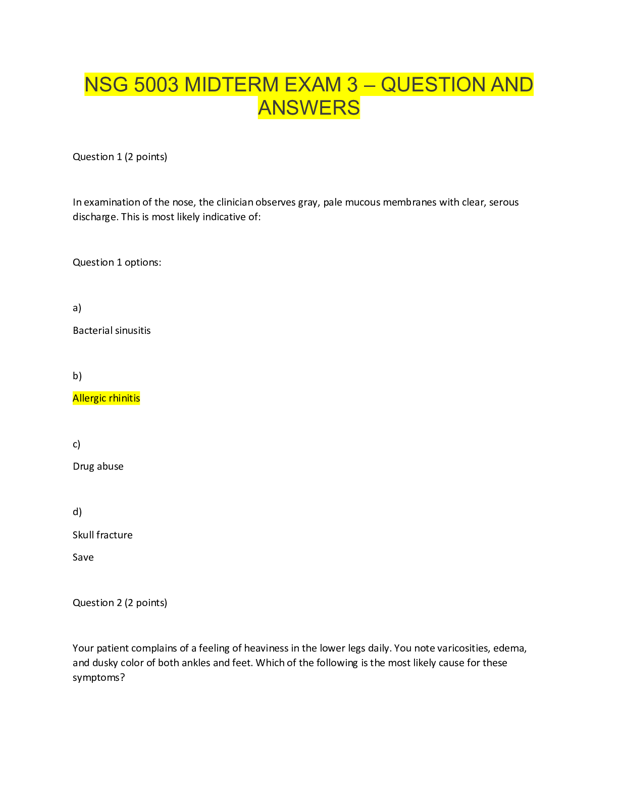 Preview of NSG 5003 Mid Term Exam 3 - Questions and Answers (Latest 2020)
